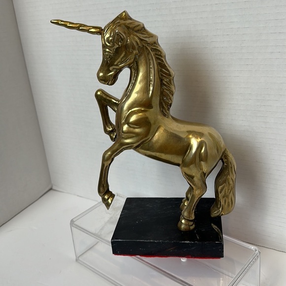 Vintage Solid Brass Unicorn Horse Figurine Black Marble Base 10" Heavy - Picture 4 of 8
